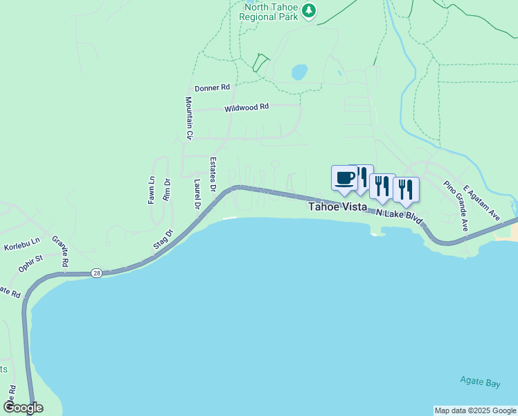 map of restaurants, bars, coffee shops, grocery stores, and more near 6630 North Lake Boulevard in Tahoe Vista