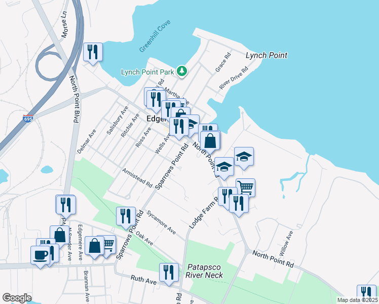 map of restaurants, bars, coffee shops, grocery stores, and more near 7201 North Point Road in Edgemere