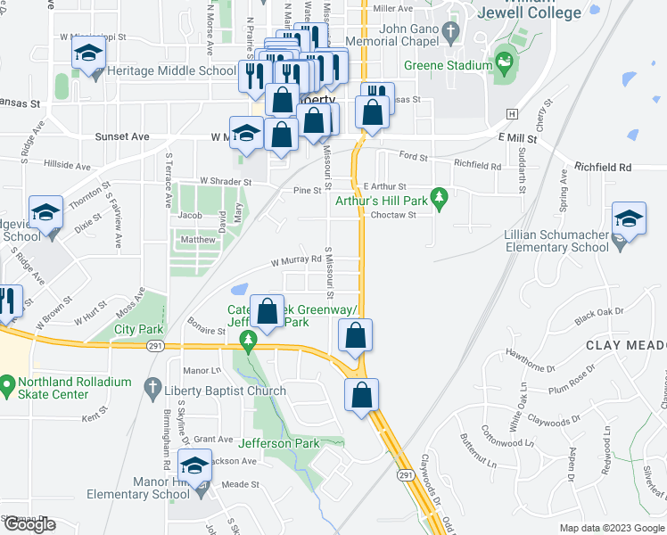 map of restaurants, bars, coffee shops, grocery stores, and more near 202 Groom Street in Liberty