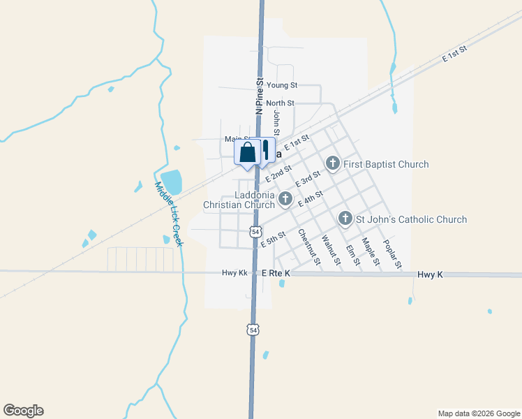 map of restaurants, bars, coffee shops, grocery stores, and more near 201 East 3rd Street in Laddonia
