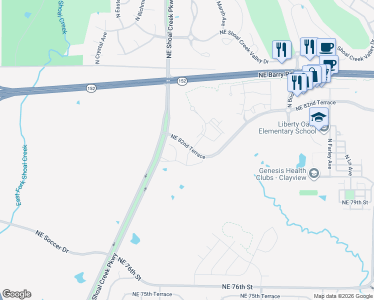 map of restaurants, bars, coffee shops, grocery stores, and more near 8280 North Tullis Avenue in Kansas City