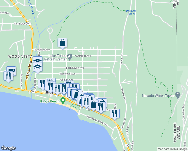 map of restaurants, bars, coffee shops, grocery stores, and more near 8684 Steelhead Avenue in Kings Beach