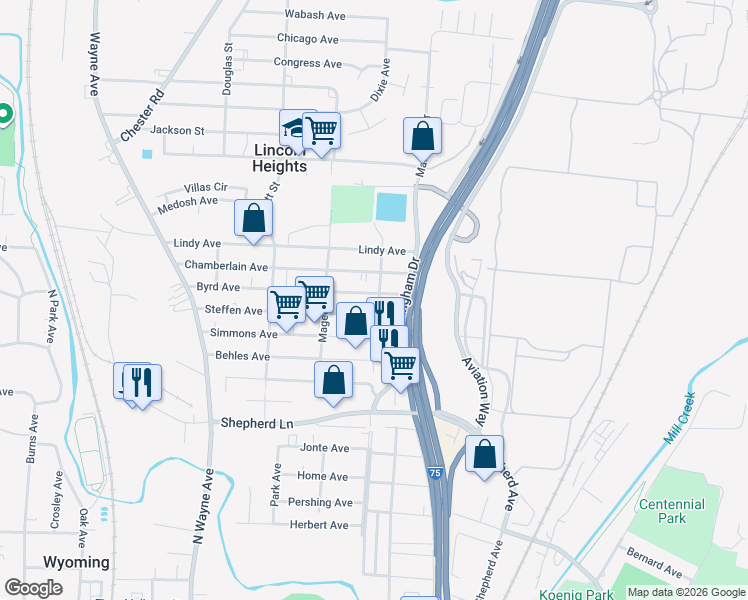 map of restaurants, bars, coffee shops, grocery stores, and more near 1385 Byrd Avenue in Cincinnati