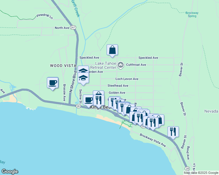 map of restaurants, bars, coffee shops, grocery stores, and more near 8358 Steelhead Avenue in Kings Beach
