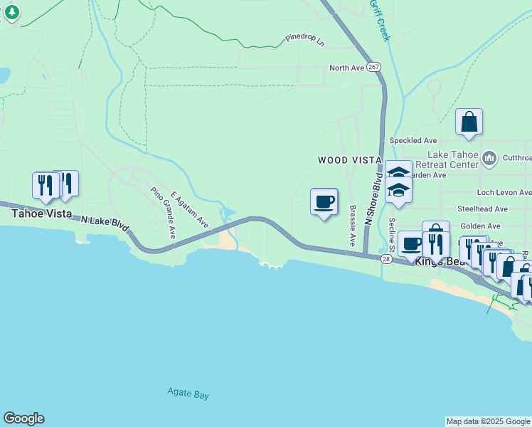 map of restaurants, bars, coffee shops, grocery stores, and more near 7611 North Lake Boulevard in Tahoe Vista
