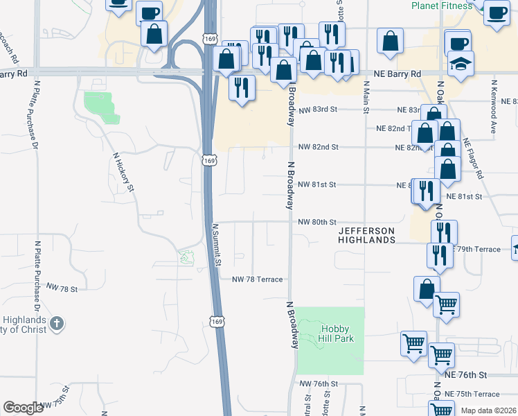 map of restaurants, bars, coffee shops, grocery stores, and more near 516 Northwest 80th Street in Kansas City
