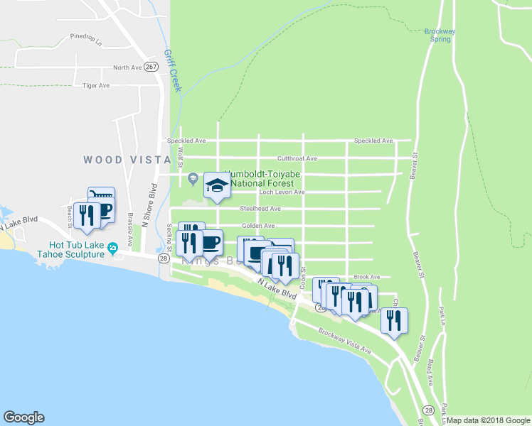 map of restaurants, bars, coffee shops, grocery stores, and more near 8436 Steelhead Avenue in Kings Beach