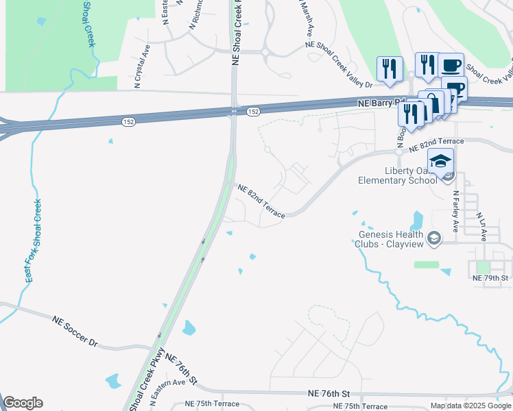 map of restaurants, bars, coffee shops, grocery stores, and more near 8200 North Tullis Avenue in Kansas City