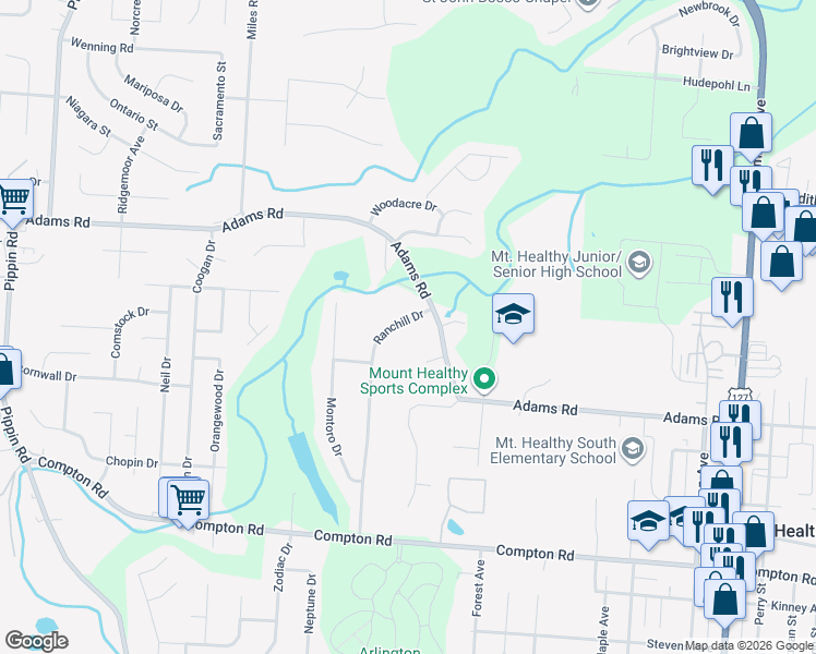 map of restaurants, bars, coffee shops, grocery stores, and more near 9374 Ranchill Drive in Cincinnati