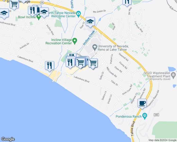 map of restaurants, bars, coffee shops, grocery stores, and more near 120 Country Club Drive in Incline Village
