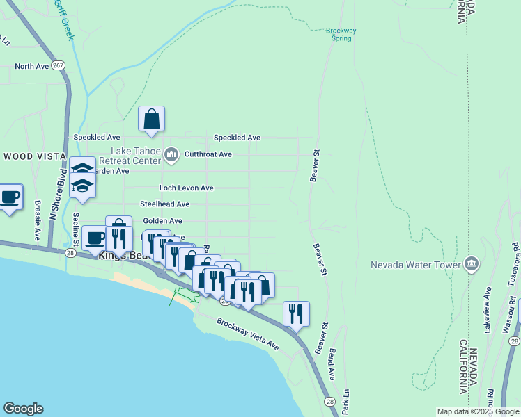 map of restaurants, bars, coffee shops, grocery stores, and more near 8782 Steelhead Avenue in Kings Beach