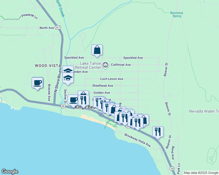 map of restaurants, bars, coffee shops, grocery stores, and more near 8436 Steelhead Avenue in Kings Beach