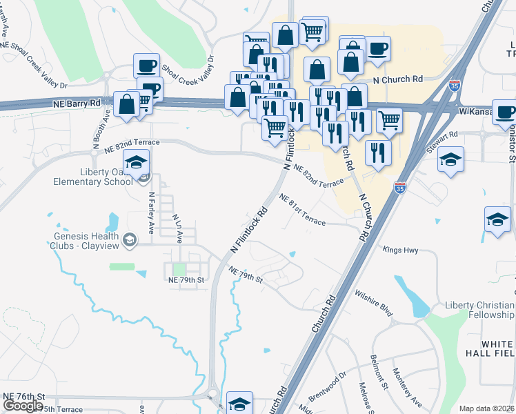 map of restaurants, bars, coffee shops, grocery stores, and more near 8149 North Flintlock Road in Kansas City