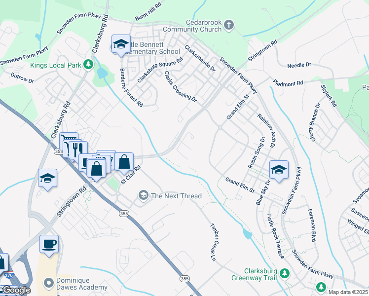 map of restaurants, bars, coffee shops, grocery stores, and more near 12810 Gate Rail Road in Clarksburg