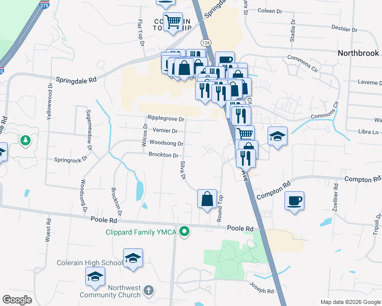 map of restaurants, bars, coffee shops, grocery stores, and more near 3586 Brockton Drive in Cincinnati