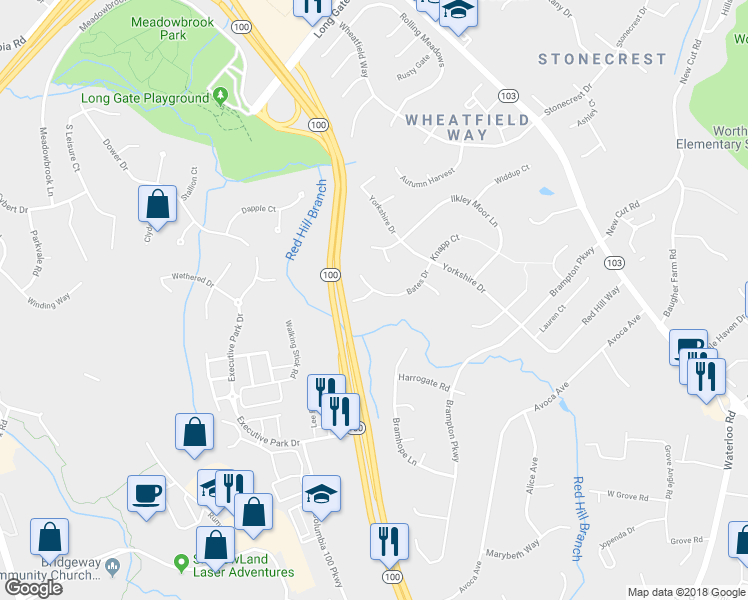 map of restaurants, bars, coffee shops, grocery stores, and more near 4701 Kirkstall Road in Ellicott City