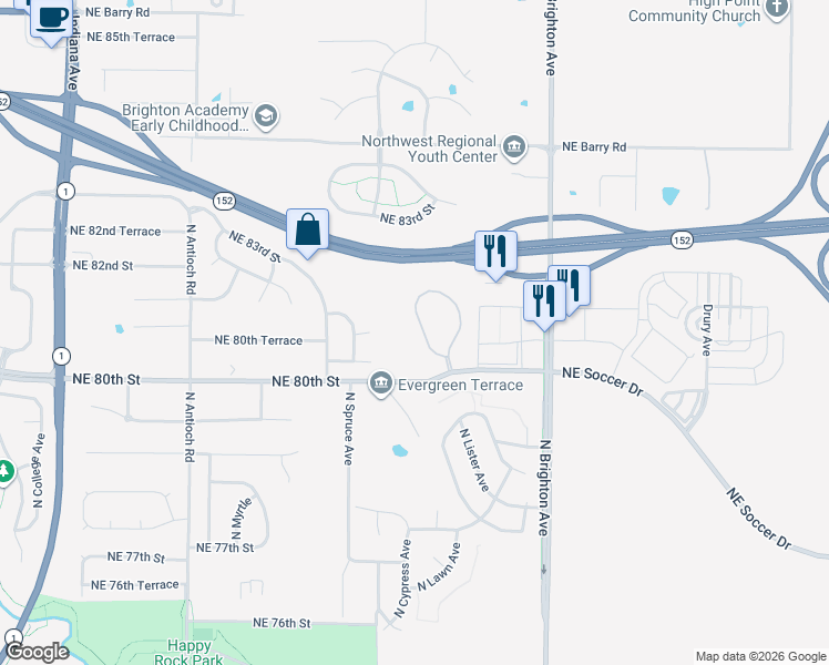 map of restaurants, bars, coffee shops, grocery stores, and more near 8033 North Elmwood Avenue in Kansas City