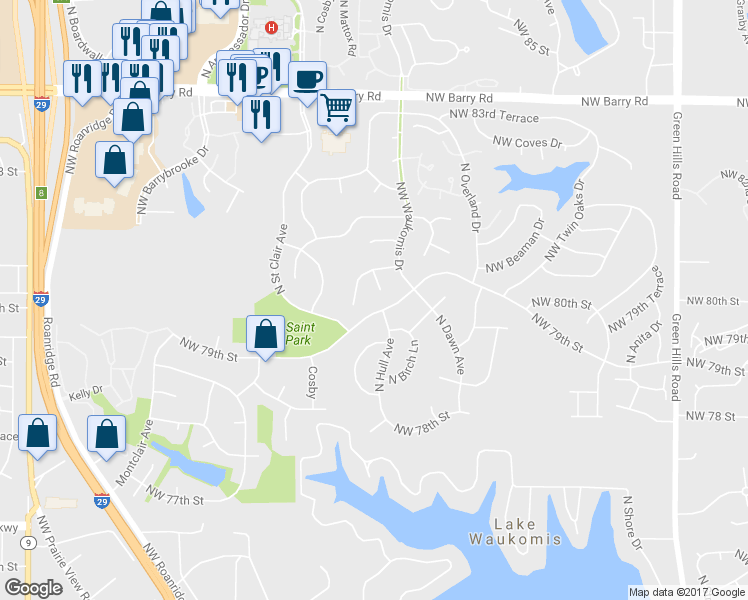 map of restaurants, bars, coffee shops, grocery stores, and more near 7904 North Birch Lane in Kansas City