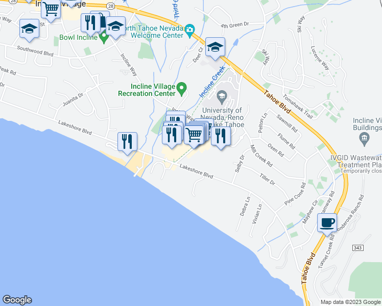 map of restaurants, bars, coffee shops, grocery stores, and more near 114 Country Club Drive in Incline Village