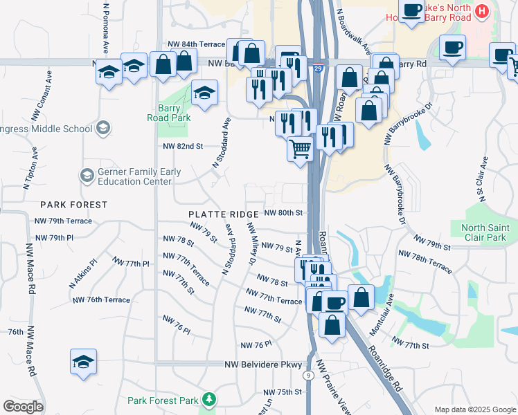 map of restaurants, bars, coffee shops, grocery stores, and more near 7101 Northwest 80th Terrace in Kansas City