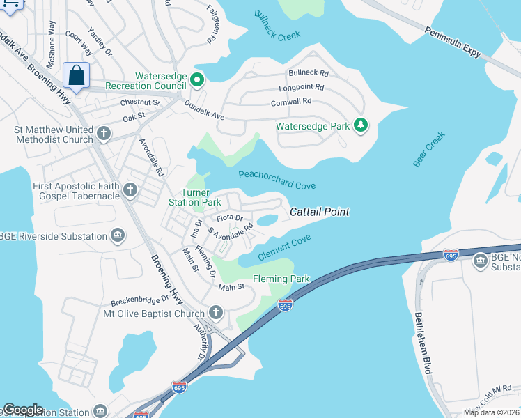 map of restaurants, bars, coffee shops, grocery stores, and more near 868-299 N Avondale Rd in Dundalk