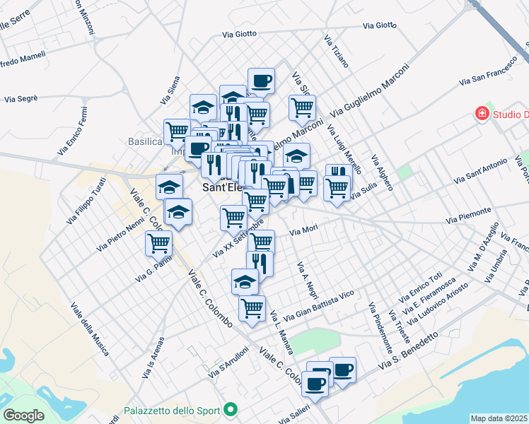 map of restaurants, bars, coffee shops, grocery stores, and more near 5 Via Giuseppe Garibaldi in Quartu Sant'Elena