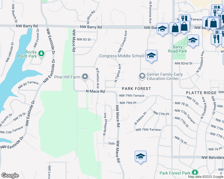 map of restaurants, bars, coffee shops, grocery stores, and more near 8205 Northwest 80th Street in Kansas City