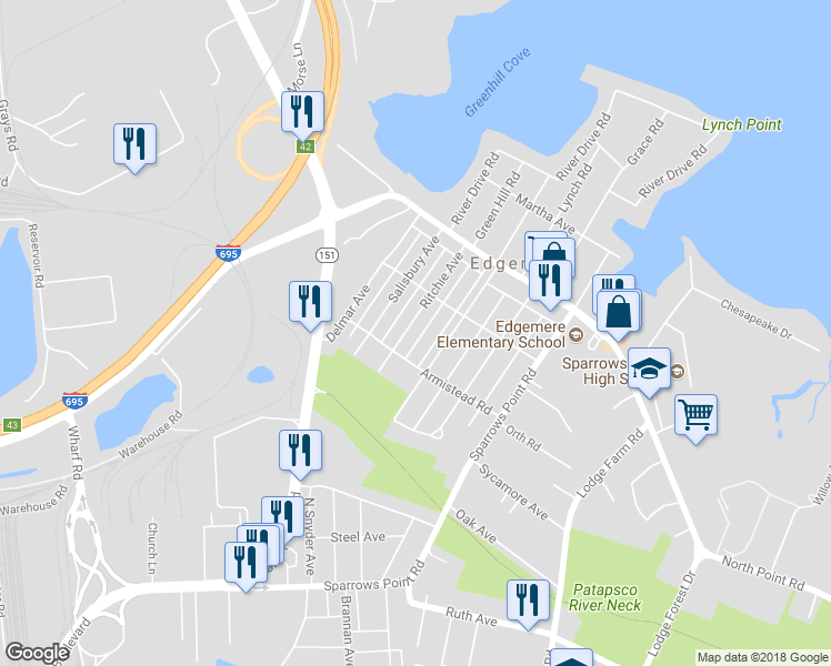 map of restaurants, bars, coffee shops, grocery stores, and more near 2909 Ritchie Avenue in Sparrows Point