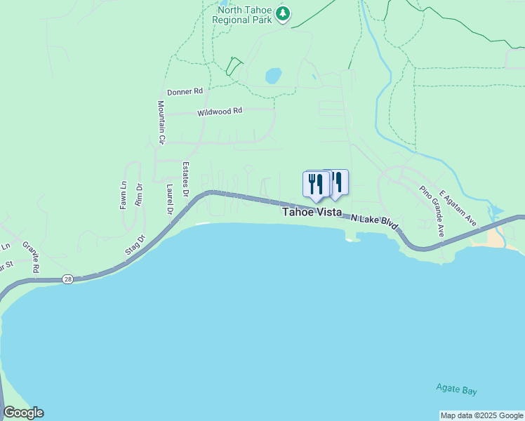 map of restaurants, bars, coffee shops, grocery stores, and more near 6750 North Lake Boulevard in Tahoe Vista
