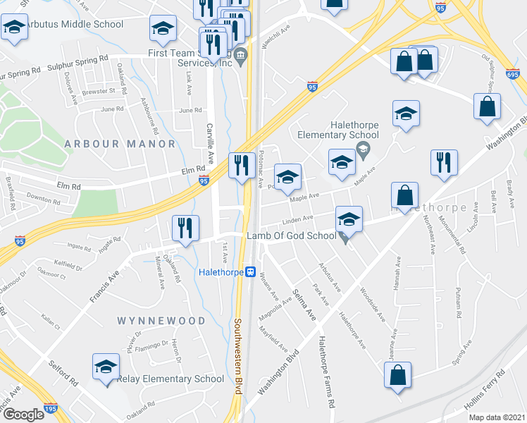map of restaurants, bars, coffee shops, grocery stores, and more near 1607 Potomac Avenue in Halethorpe