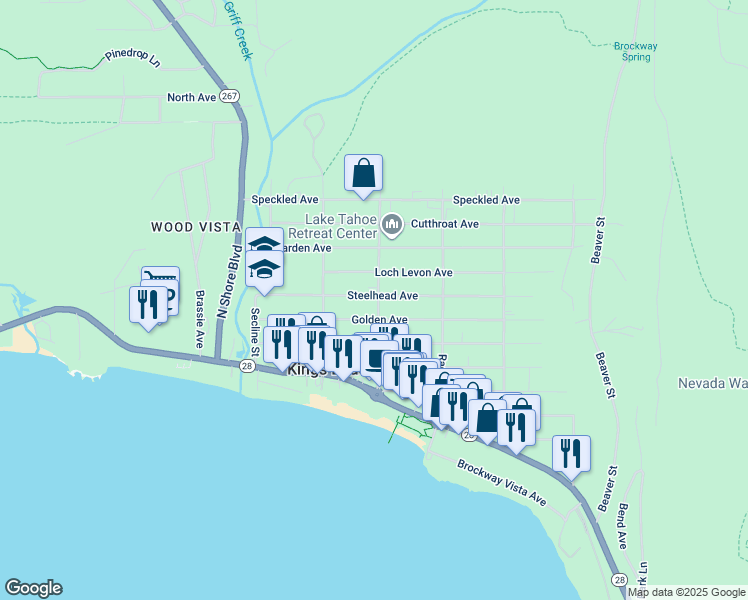 map of restaurants, bars, coffee shops, grocery stores, and more near 8358 Steelhead Avenue in Kings Beach