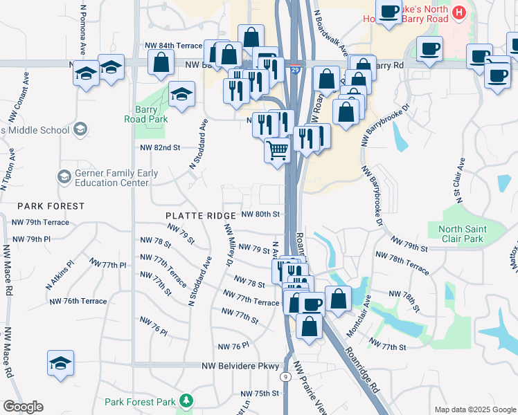 map of restaurants, bars, coffee shops, grocery stores, and more near 6907 Northwest 80th Terrace in Kansas City