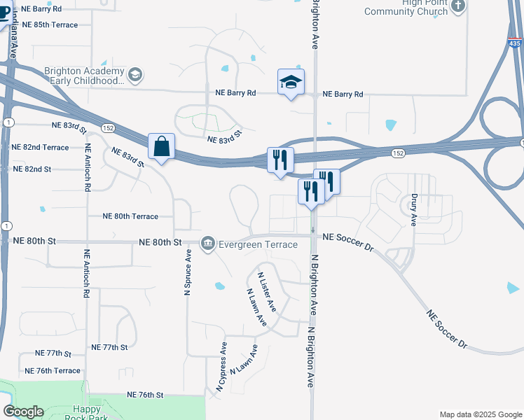 map of restaurants, bars, coffee shops, grocery stores, and more near 8037 North Lawn Avenue in Kansas City