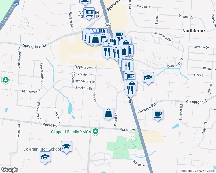 map of restaurants, bars, coffee shops, grocery stores, and more near 3586 Brockton Drive in Cincinnati