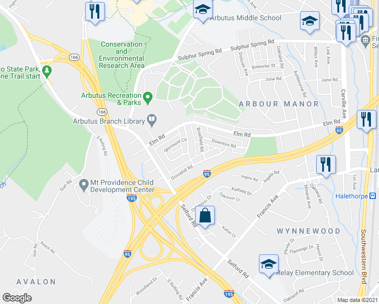 map of restaurants, bars, coffee shops, grocery stores, and more near 5661 Chelwynd Road in Halethorpe