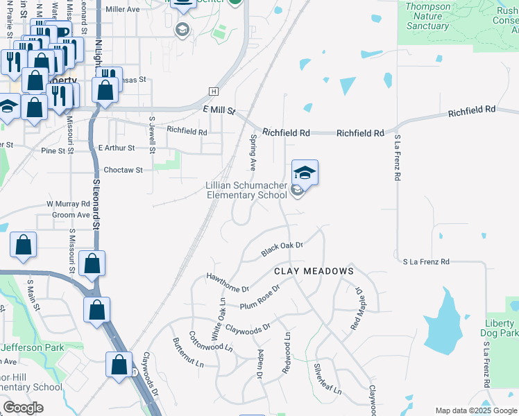 map of restaurants, bars, coffee shops, grocery stores, and more near 821 Spring Court in Liberty