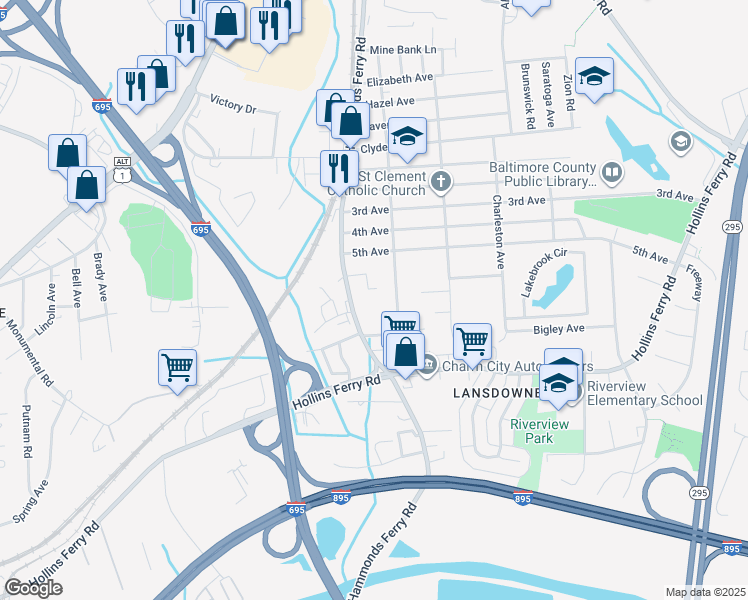 map of restaurants, bars, coffee shops, grocery stores, and more near 2923 Hammonds Ferry Road in Baltimore
