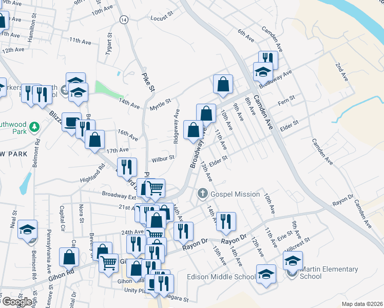 map of restaurants, bars, coffee shops, grocery stores, and more near 1308 Broadway Avenue in Parkersburg