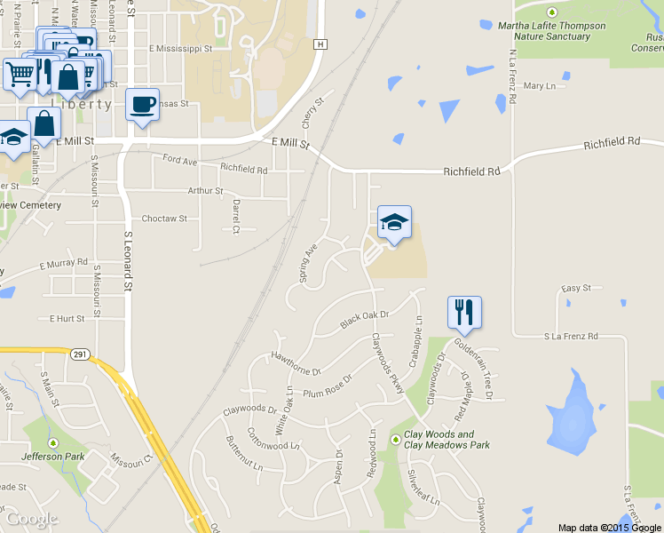 map of restaurants, bars, coffee shops, grocery stores, and more near 821 Spring Court in Liberty