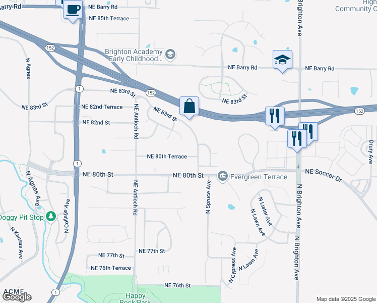 map of restaurants, bars, coffee shops, grocery stores, and more near 4124 Northeast 80th Terrace in Kansas City