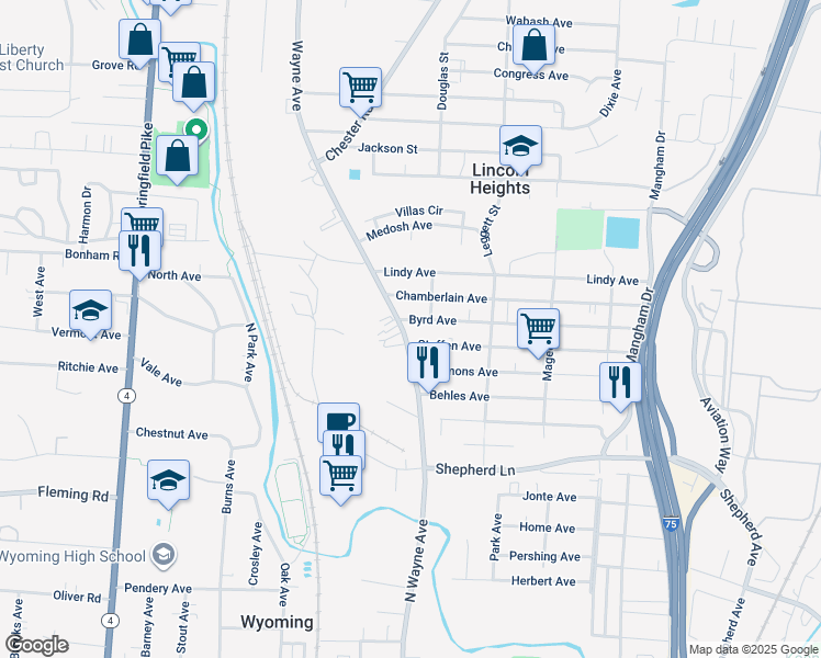 map of restaurants, bars, coffee shops, grocery stores, and more near 9700 Wayne Avenue in Cincinnati