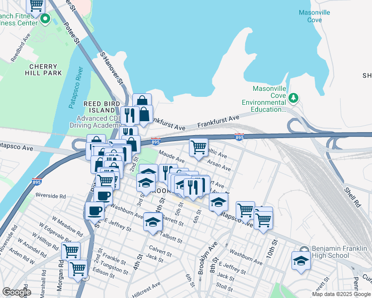 map of restaurants, bars, coffee shops, grocery stores, and more near 3405 4th Street in Baltimore