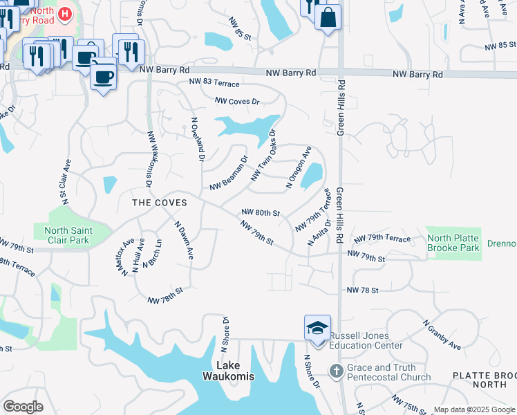 map of restaurants, bars, coffee shops, grocery stores, and more near 4900 Northwest 80th Street in Kansas City