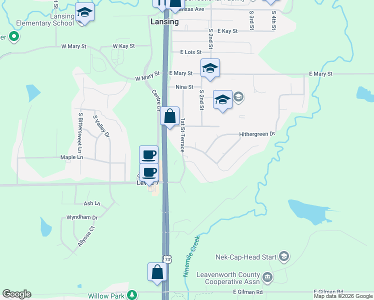 map of restaurants, bars, coffee shops, grocery stores, and more near 703 1st Street Terrace in Lansing