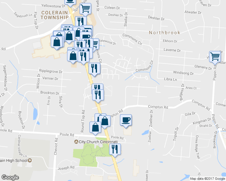 map of restaurants, bars, coffee shops, grocery stores, and more near 9324 Round Top in Cincinnati