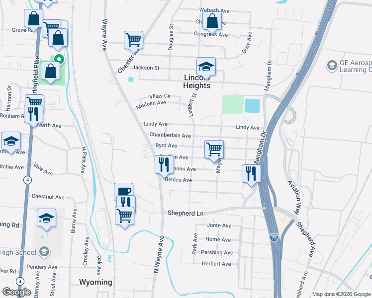 map of restaurants, bars, coffee shops, grocery stores, and more near 1033 Byrd Avenue in Cincinnati