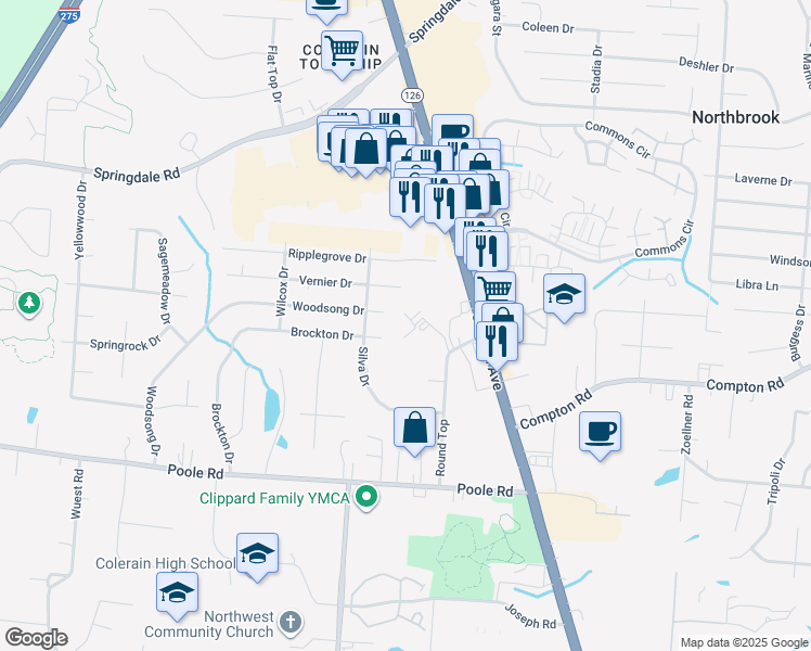 map of restaurants, bars, coffee shops, grocery stores, and more near 9191 Round Top in Cincinnati