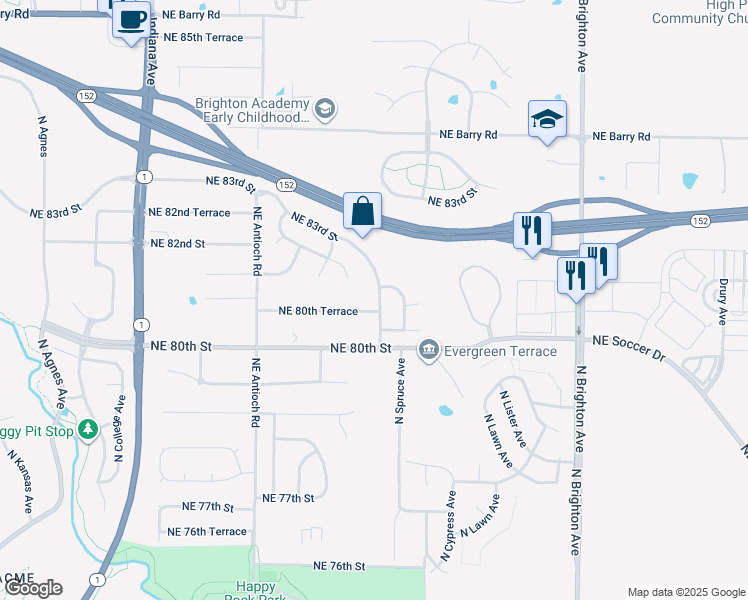 map of restaurants, bars, coffee shops, grocery stores, and more near 8024 North Spruce Avenue in Kansas City