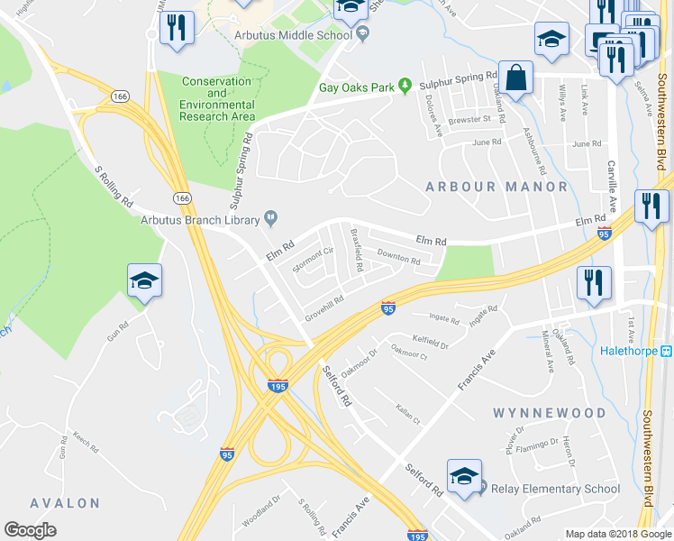 map of restaurants, bars, coffee shops, grocery stores, and more near 5659 Chelwynd Road in Halethorpe