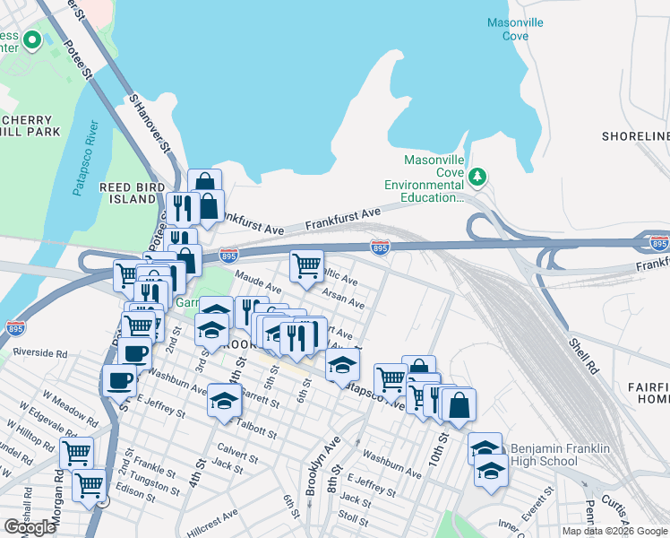 map of restaurants, bars, coffee shops, grocery stores, and more near 520 Baltic Avenue in Baltimore